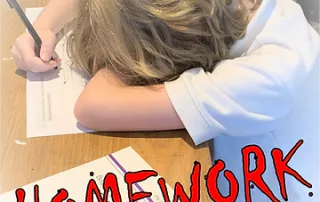 Image with a child frustrated about homework and the caption "Just when you thought it was safe to go home and play... HOMEWORK causing stress and anxiety at a dining table near you