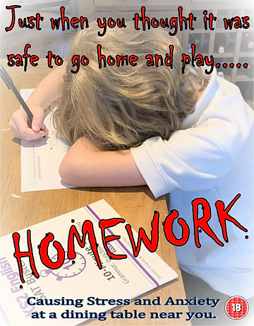 Image with a child frustrated about homework and the caption "Just when you thought it was safe to go home and play... HOMEWORK causing stress and anxiety at a dining table near you
